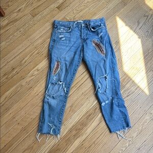 ZARA Woman Premium Denim Feather Patch Ripped Jeans Raw Hem Sz 2 24